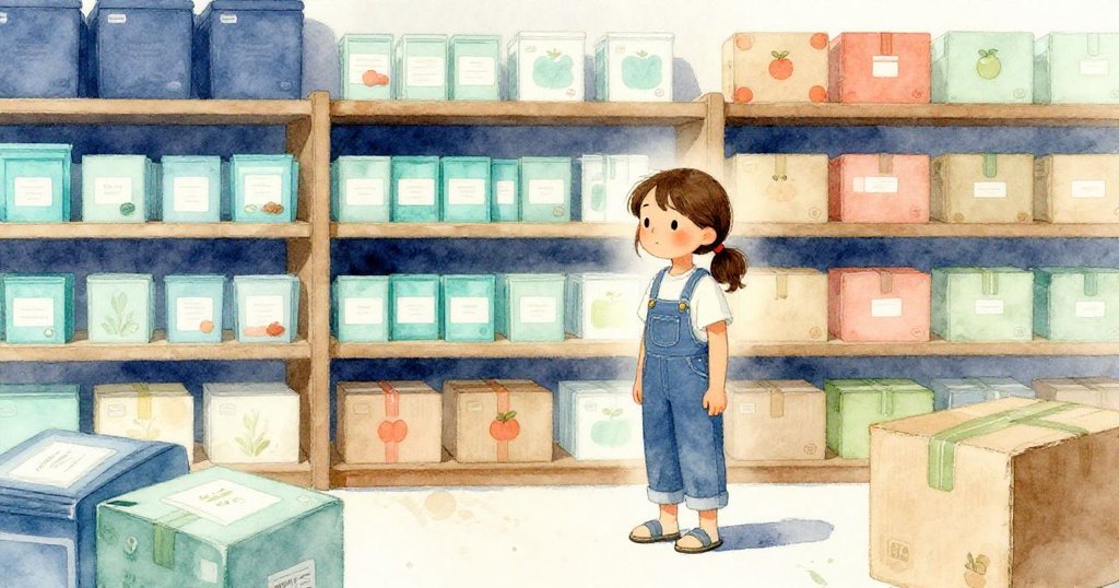 格蕾塔在整齊的室內倉庫中靜立，紙箱與種子包有序排列，天光柔和，充滿完成工作後的滿足與平靜。