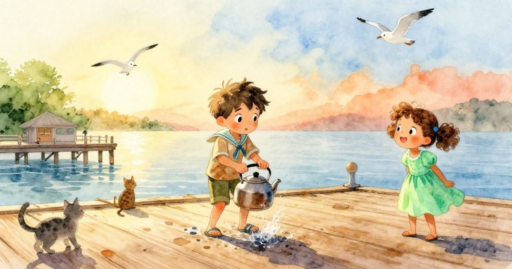在明亮的碼頭上，Ian推動熱水壺散發蒸氣，Olive滿臉驚喜注視，流浪貓和海鷗圍繞，展現歡樂探險情景。