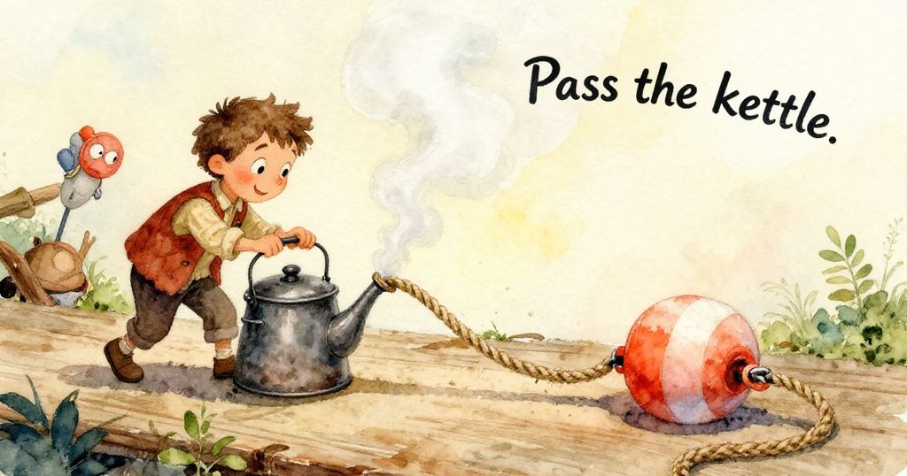 Ian用堅定雙手推動發熱水壺，蒸氣在沥青繩索間盤旋，細節豐富展現探險初始情景，充滿溫暖氣息。