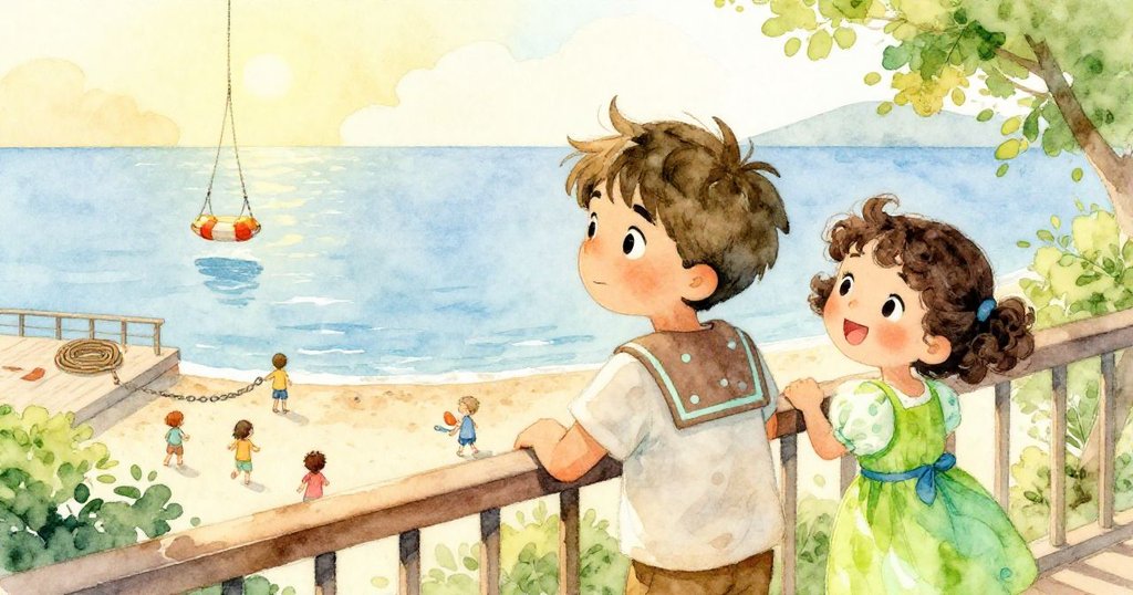 從高處俯瞰，Ian與Olive活躍於動感碼頭，細節呈現繩索、浮標與海面交織的冒險故事，明亮溫馨。