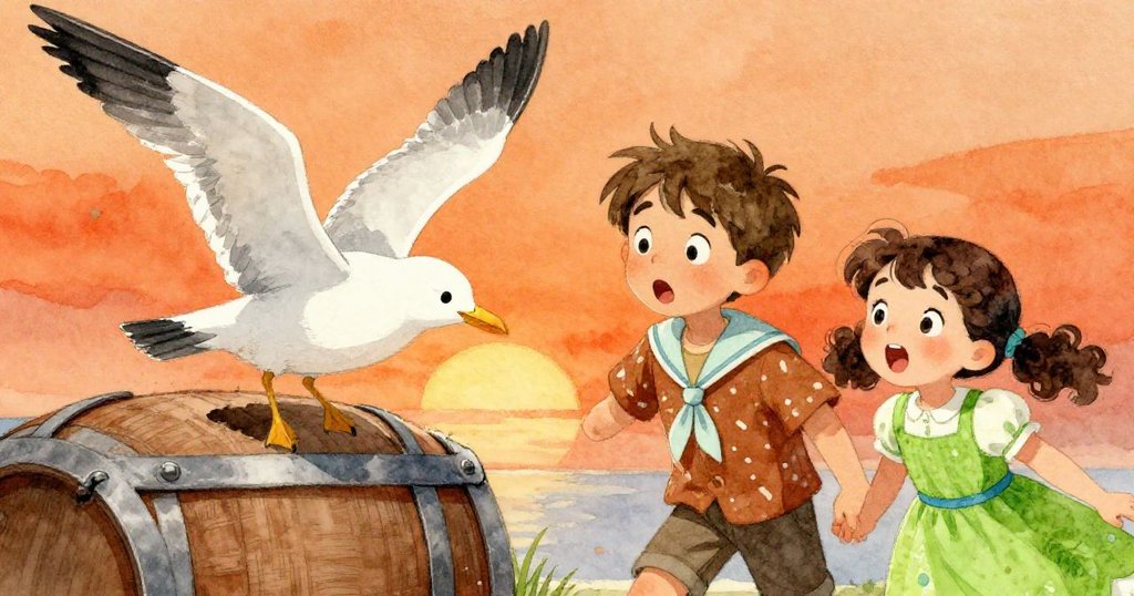 在激動瞬間，海鷗從桶內驚飛，Ian與Olive露出驚訝神情，夕陽映照下場景充滿緊張與奇幻。