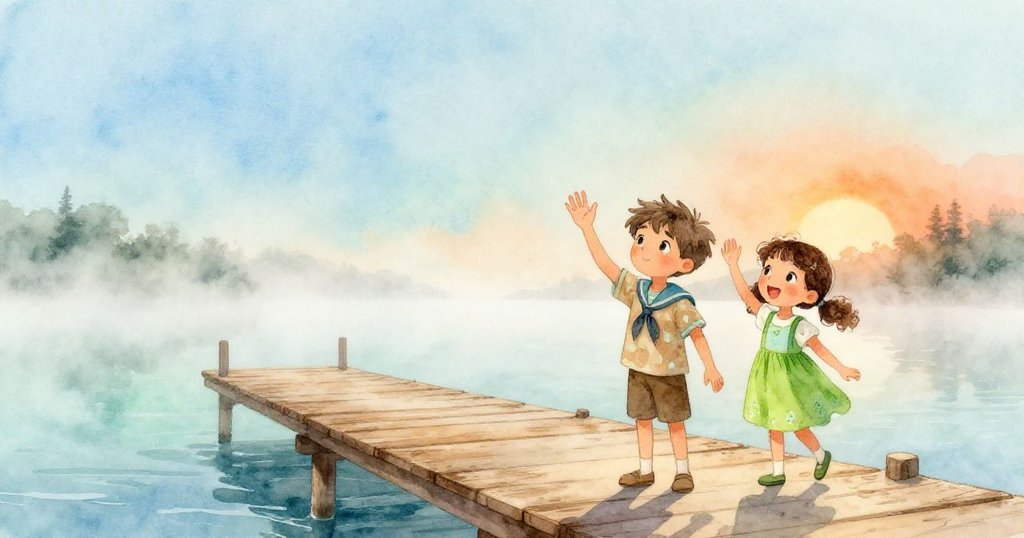 在薄霧籠罩碼頭上，Ian與Olive溫柔揮手告別一天冒險，背景有迷霧、水波和彩帶，充滿惜別溫情。