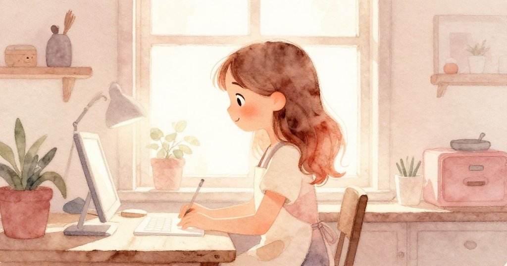 Tara站在明亮工桌前，用身影對準光線，專注地調整彎曲的尺子，室內充滿溫暖午後光線。