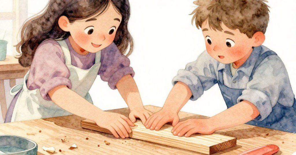 Tara與Kent聚焦於按壓雪松板，細緻木紋與飛散木屑清晰可見，雙手互動展現認真工藝。