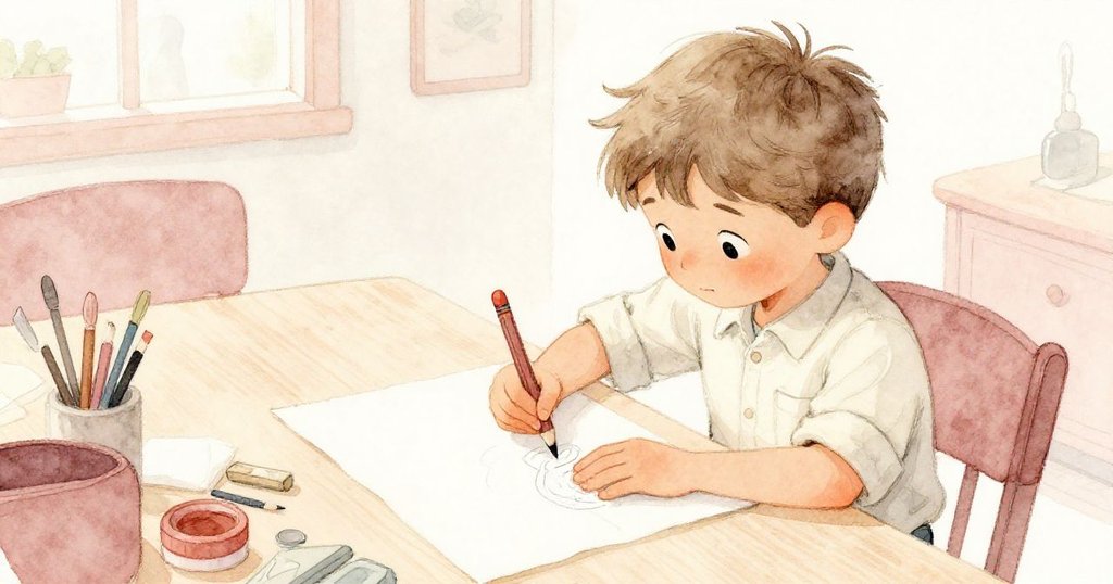 從上方俯視，Kent在工桌上精心沿著鉛筆記號塗膠，他的神情專注，周圍工具有序散佈。