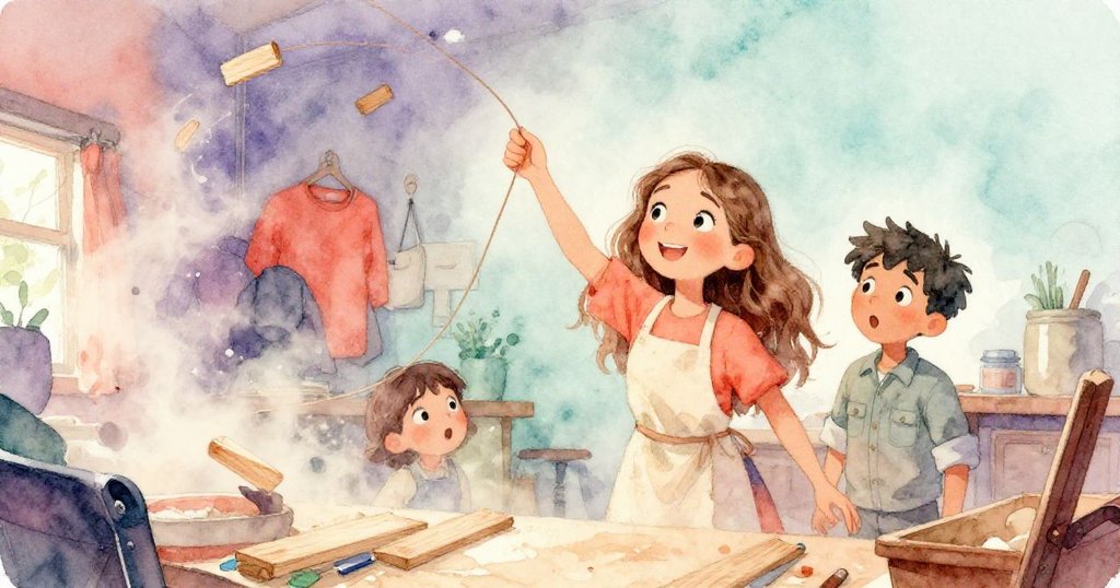 工房內午後光線穿透塵埃，Tara和Kent驚訝注視彈力繩突彈與木板快速反彈的動作，現場氣氛急促。