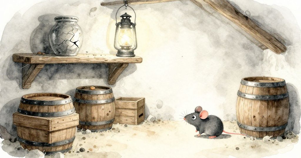古老酒窖中，灰塵漫天，一盞微弱燈籠懸掛於橫樑上，小鼠正悄然探險，營造神秘氛圍。
