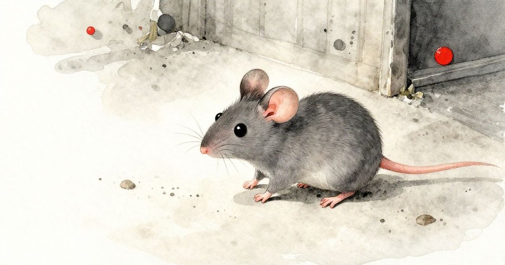 小鼠輕盈腳步踏過灰塵鋪成的地面，每一步都留下細小足跡，充滿好奇心與冒險精神。