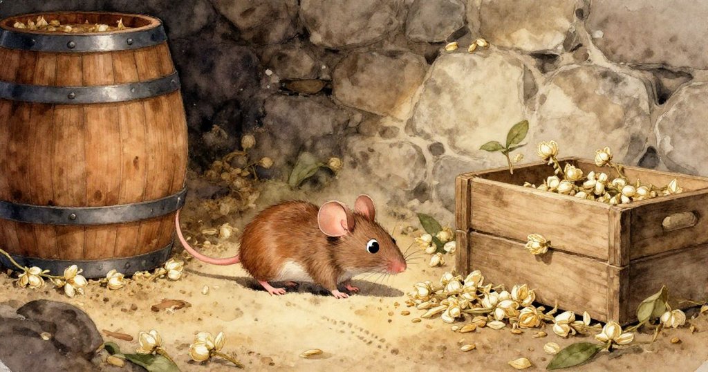 透過微微傾斜的破裂玻璃罐可見燈光折射出的光紋，小鼠驚奇探索，故事逐漸展開。