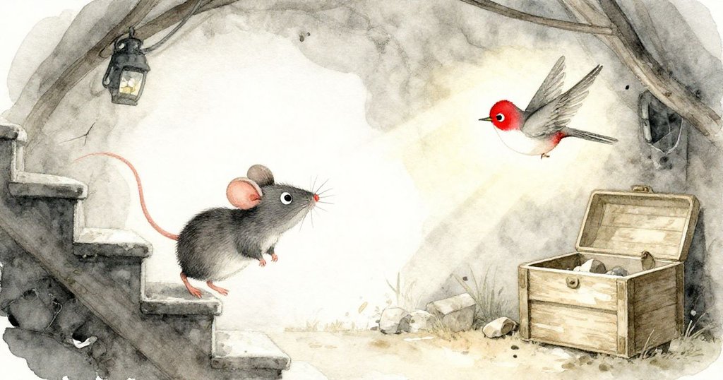 俯瞰整個酒窖場景，小鼠攀登階梯，夜鶯在暗處飛舞，光影交錯呈現奇幻畫面。