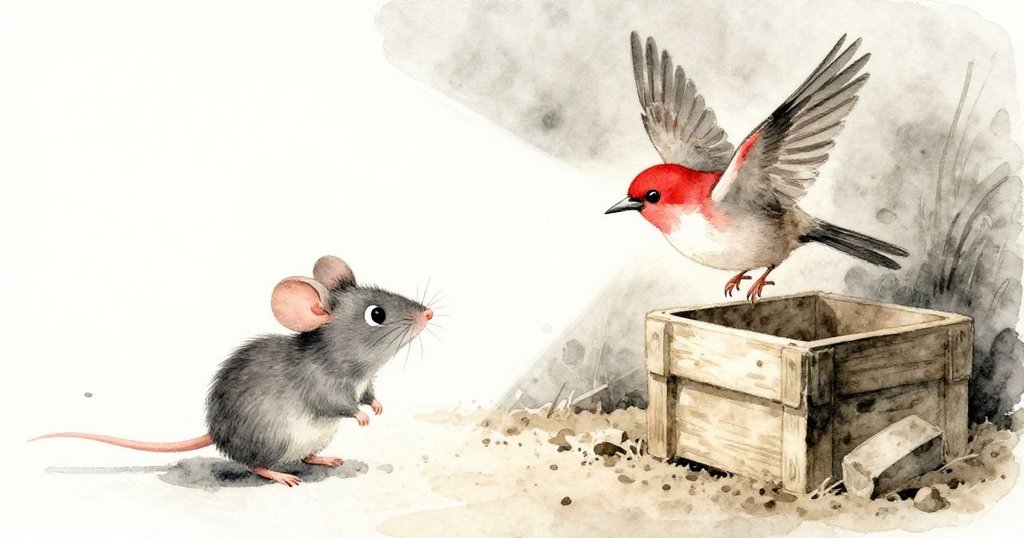 突如其來的光芒驚嚇小鼠，小鼠與夜鶯各自掙扎，臉上流露出緊張與驚慌神情。