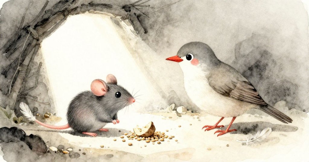 光束斑斕下，小鼠與夜鶯在灰塵與羽毛中重逢，傳達出故事最終温馨和解的訊息。