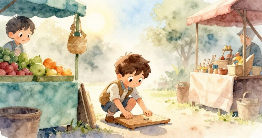 Reed在晨霧彌漫的市場中蹲下放置木板，陽光柔和映照水果攤，神情專注期待連鎖反應。