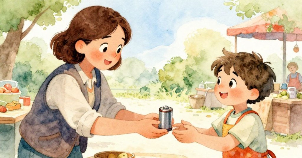 Olive微笑著將舊電池遞給Reed，雙手相接瞬間充滿創意與期待，市場背景溫暖生動。