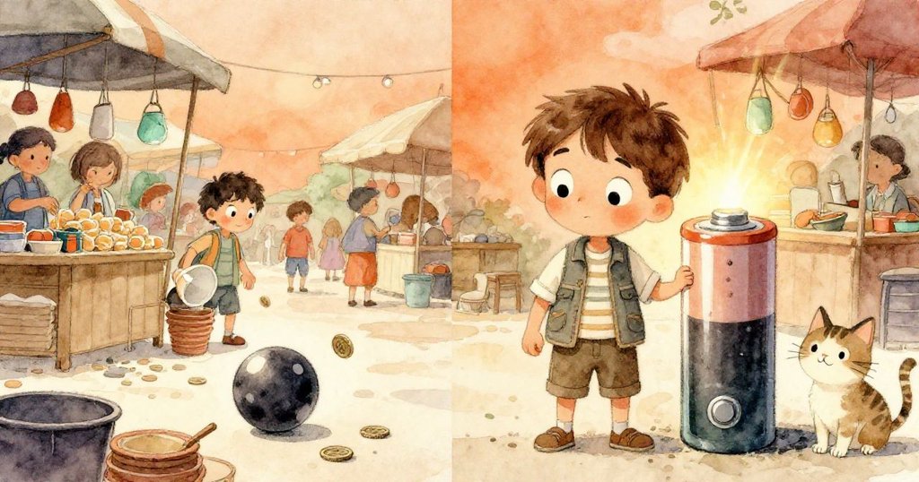 Reed在市場中分屏操作，左側硬幣撞擊彈球引發紙杯連鎖反應，右側電池滾動增添戲劇性，場景充滿動感。