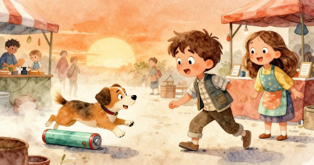 市場狗奮力追逐滾動的電池於濕滑畫布上衝刺，Reed與Olive驚喜觀察，場面充滿緊張卻又幽默情緒。