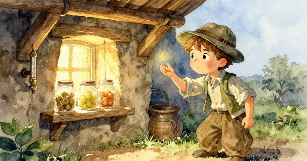 瑞德在狹窄地窖中仔細觀察手上落下的溫蠟珠，柔和暮光灑入牆角，展現出探索與期待的情緒。