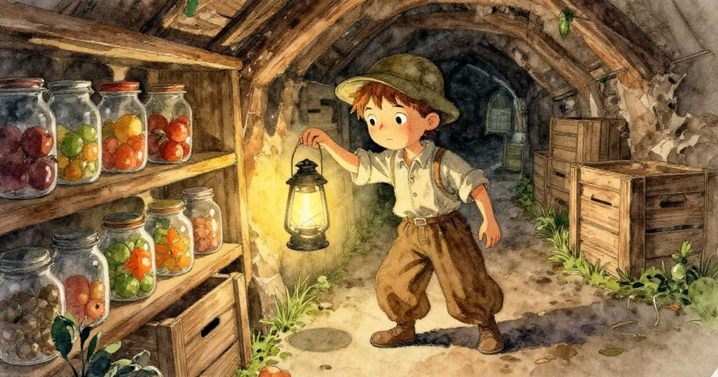 瑞德用傾斜視角舉燈探查果醬瓶，堆疊箱子形成動感通道，光影交錯中展現冒險與神秘氣息。