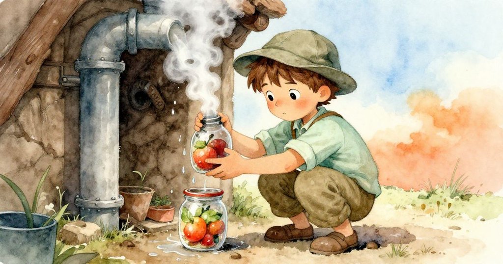 瑞德蹲在冒蒸氣的熱管下，小心拔出果醬瓶，水滴滴落與蒸氣交織，展現出時間流逝中的緊張與動作。