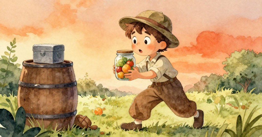 瑞德持瓶瞬間停下，驚訝盯向藏在舊桶後的金屬盒，臉上流露出緊張與好奇，情感豐盈。