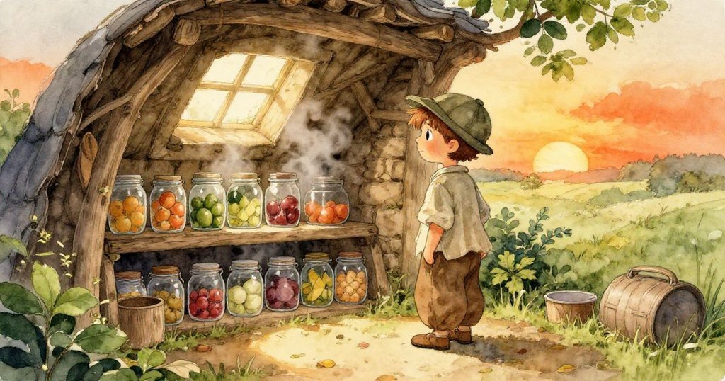 瑞德在金色夕光下滿意檢視整理好的果醬瓶，地窖中蒸氣漸散，呈現圓滿與溫馨的結局。