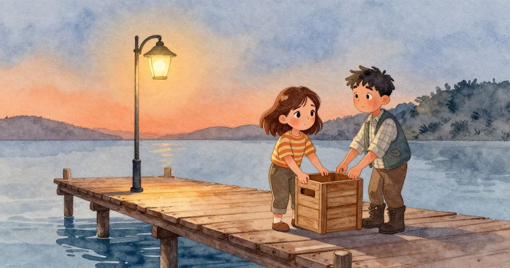珍珠與麥克斯在溫暖港口上準備木箱，海浪輕拍碼頭，他們神情專注且期待著冒險。