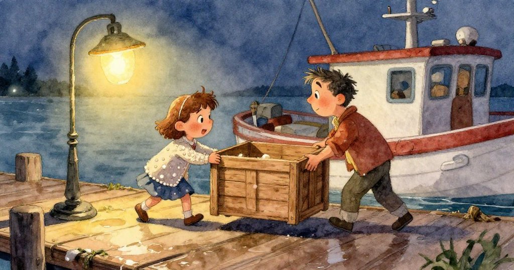 珍珠細察木箱表面紋理與數字標記，手觸粗糙木料，背景海面微波，神情專注細緻。