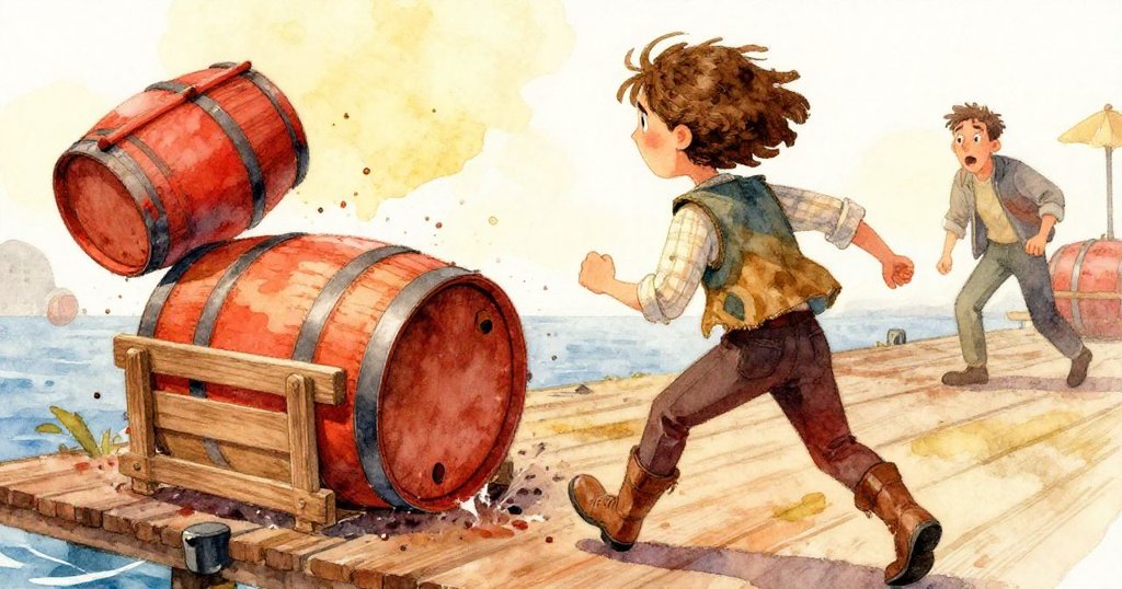 從珍珠的肩後望去，見到失控的酒桶與木箱碰撞，海風拂過，情緒轉向驚訝與興奮。