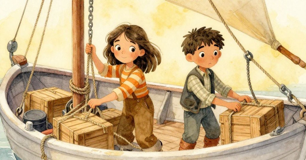 進入漁船貨艙內，珍珠與麥克斯協力安置箱子，燈光溫暖，展現默契與細心。