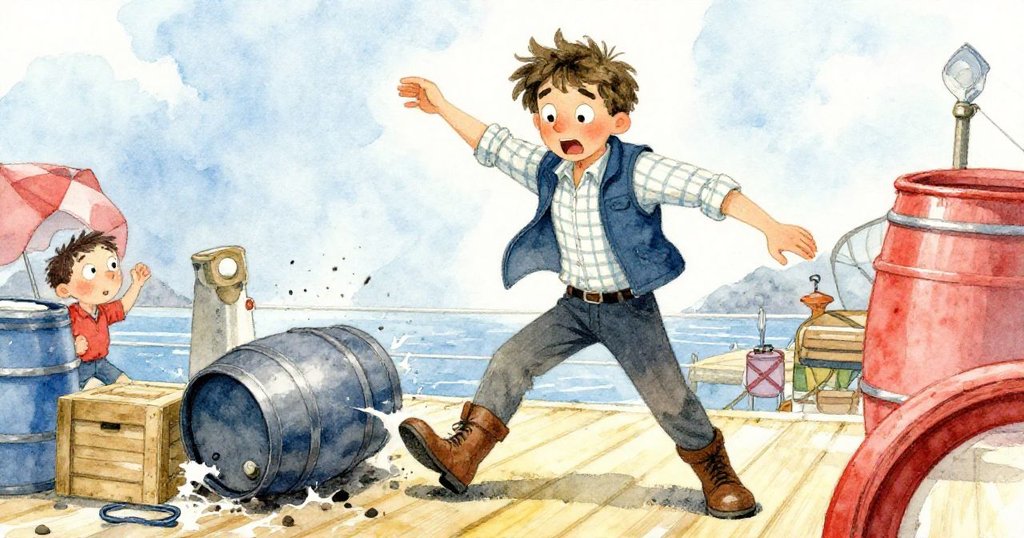 麥克斯在搖晃的碼頭上與活躍的酒桶抗衡，動作急促，面露驚訝與幽默。