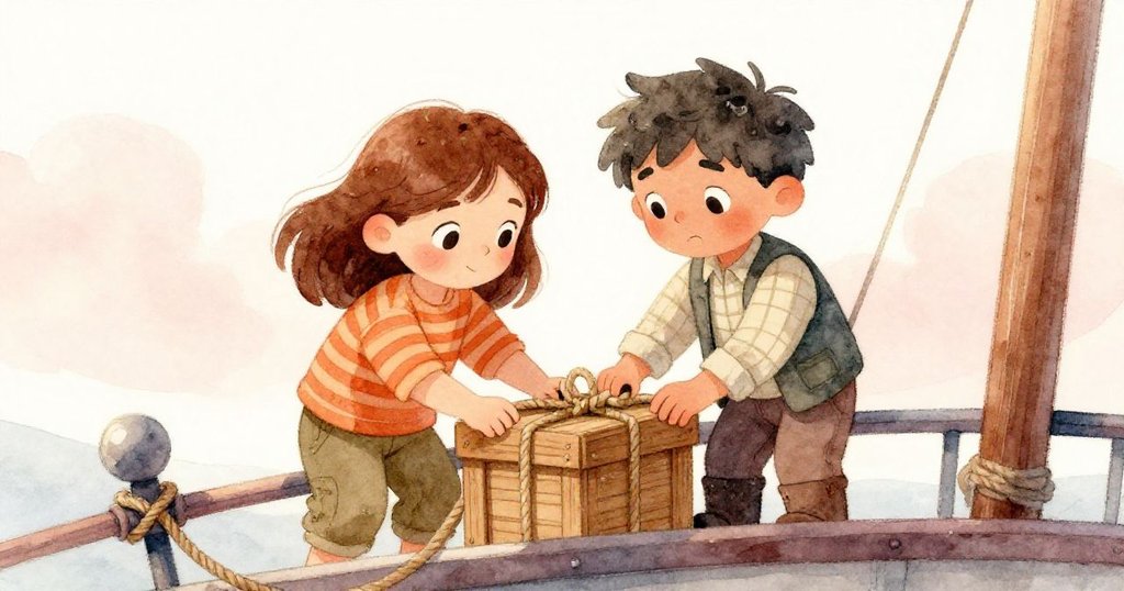 最終珍珠與麥克斯在船邊協力綁繩，微笑面對挑戰，寓意團隊力量與堅強，船上充滿溫馨氣氛。