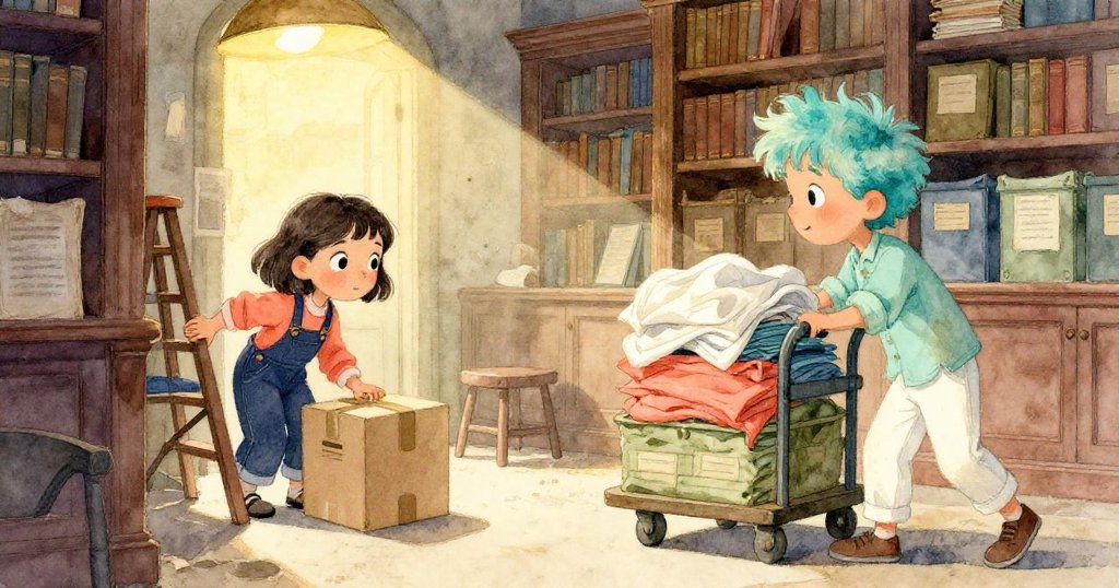 梅芙在舊圖書館內小心搬運紙盒，手持盒子神情認真，西奧平衡著載有布料的手推車，空間充滿溫暖光線與細微塵埃。