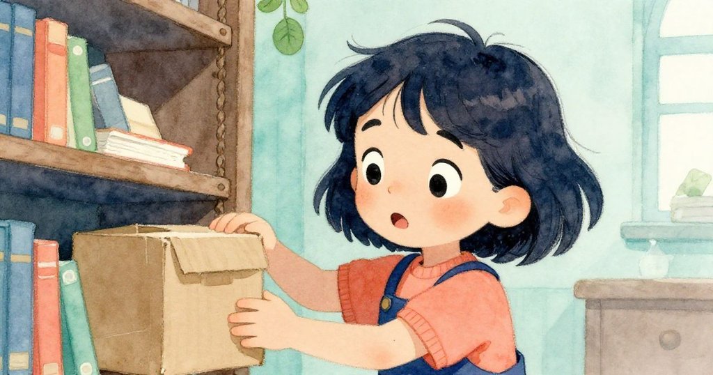 梅芙臉上驚訝表情清晰，細節描繪她迅速調整握持紙盒的動作，背後隱約見圖書館書架。