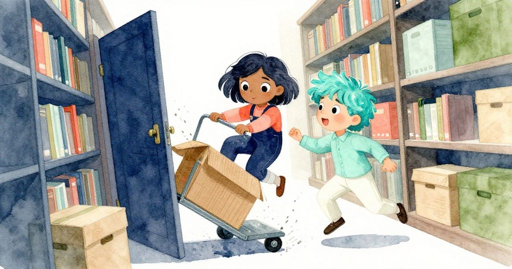 傾斜視角描繪推車滾動與門板碰撞瞬間，紙盒邊刮擦金屬的情景，兩人忙碌於圖書館狹窄通道中。