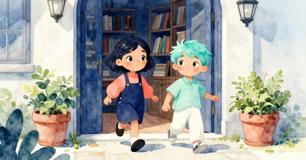 梅芙與西奧走出圖書館，步入充滿陽光與綠植的庭院，神情放鬆反思剛才解決室內挑戰。