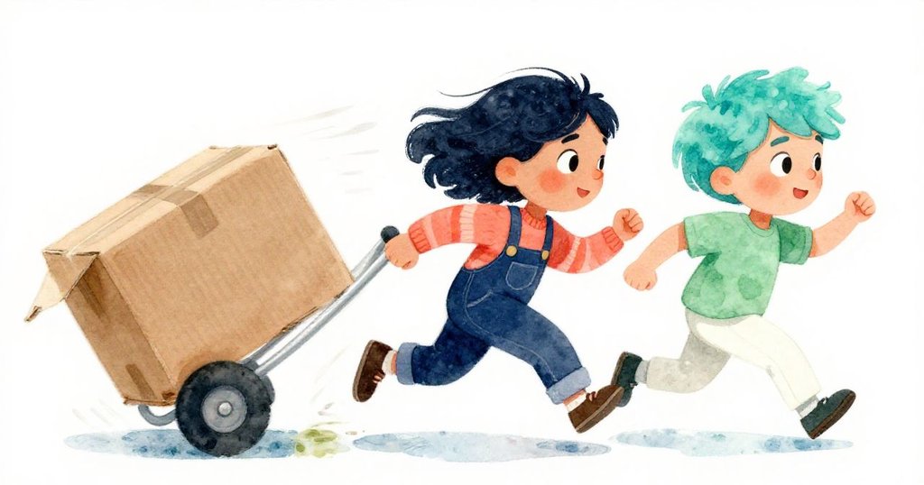 西奧急奔追擊滾動推車，梅芙則跳躍準備穩住紙盒，動態姿態展現活力與緊張氣氛。