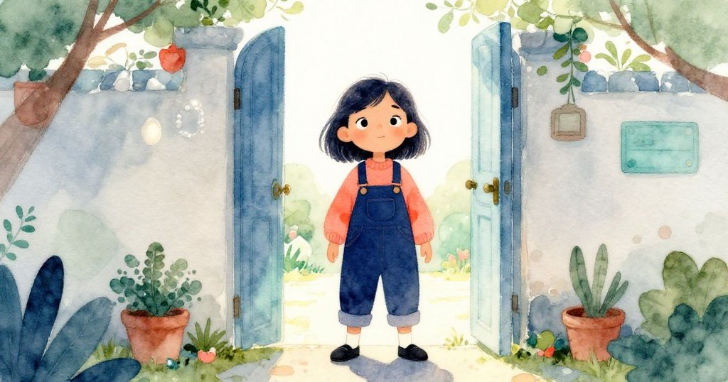 梅芙站在庭院開放門口，面向前方充滿希望的未來，晨光映照下展現堅定決心和期待新旅程。