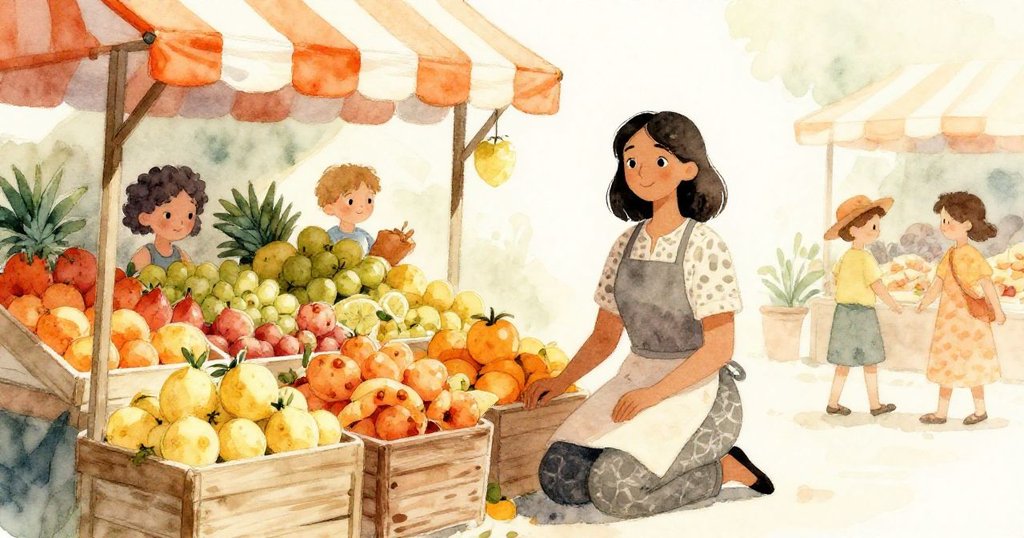 Olive在明亮的攤位前蹲著，剪影映襯下忙碌市場，色彩溫暖，展現開始忙碌一天的情景