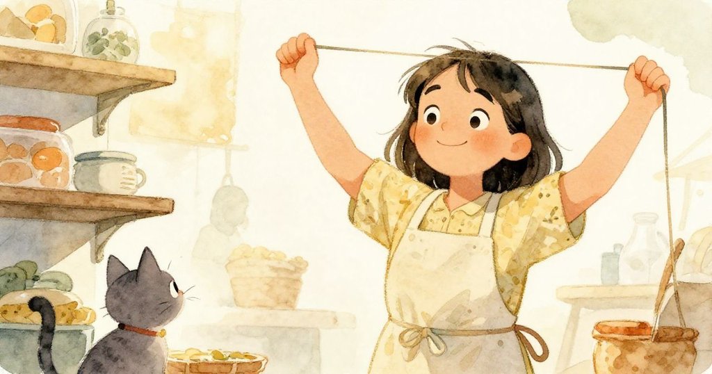 從低角度看Olive拉伸彈性帶，身影自信有力，上方貓咪好奇注視，背景市場生動溫暖