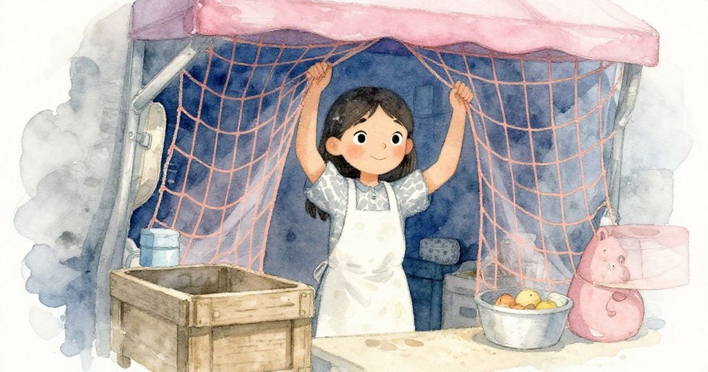 Olive整理懸掛的橙色網布，發現隱藏角落的市場細節，光線柔和神秘，貓咪從旁觀察