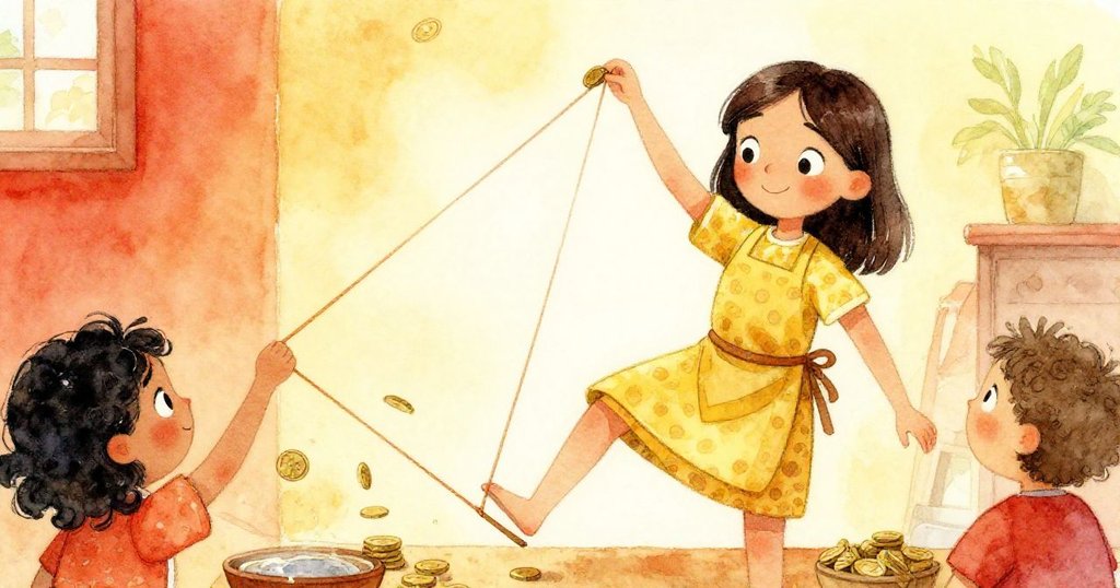 Olive堅定拉扯厚彈性帶，腳靠著箱子維持平衡，硬幣隨緊張彈跳，展現抉擇瞬間