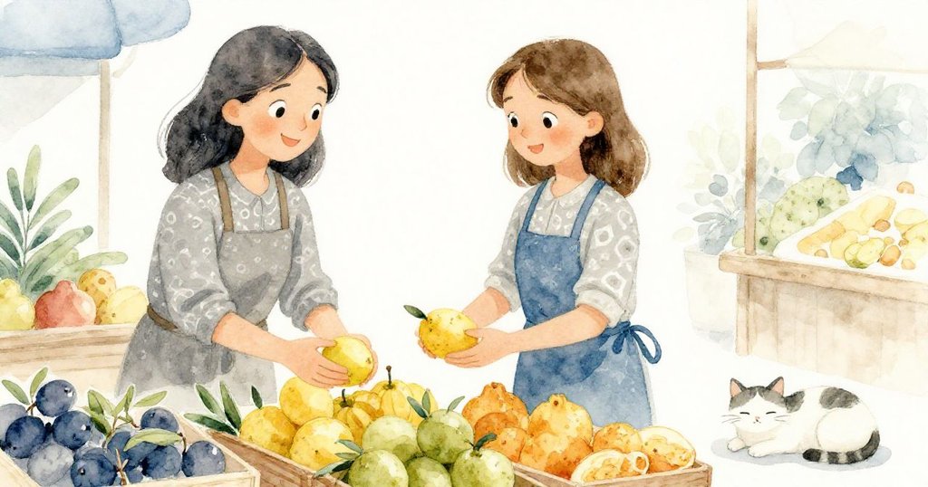 Olive微笑著檢查整齊的水果，市場安靜祥和，貓咪旁邊休憩，彷彿一天忙碌後的安然時光