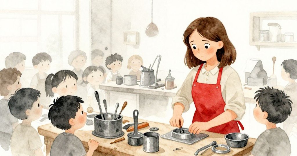 溫馨工作室中，Wren 積極在眾多工具中穿行，臉上流露著好奇與努力，背景細節豐富，呈現故事開端的忙碌情景。