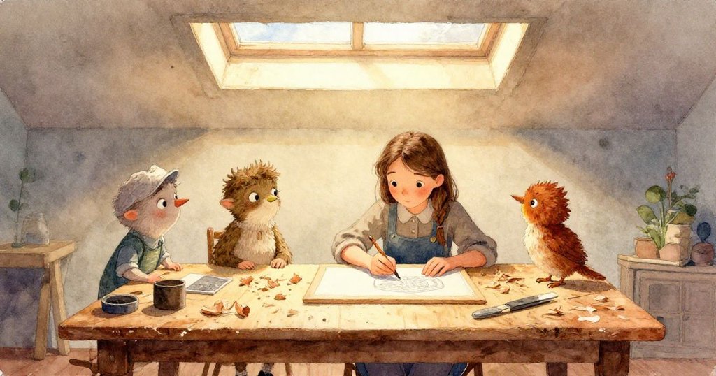 Wren 穩步走過灑滿木屑的工作台地板，下方細節豐富，透露出勤奮與小心，展現故事發展初期情境。