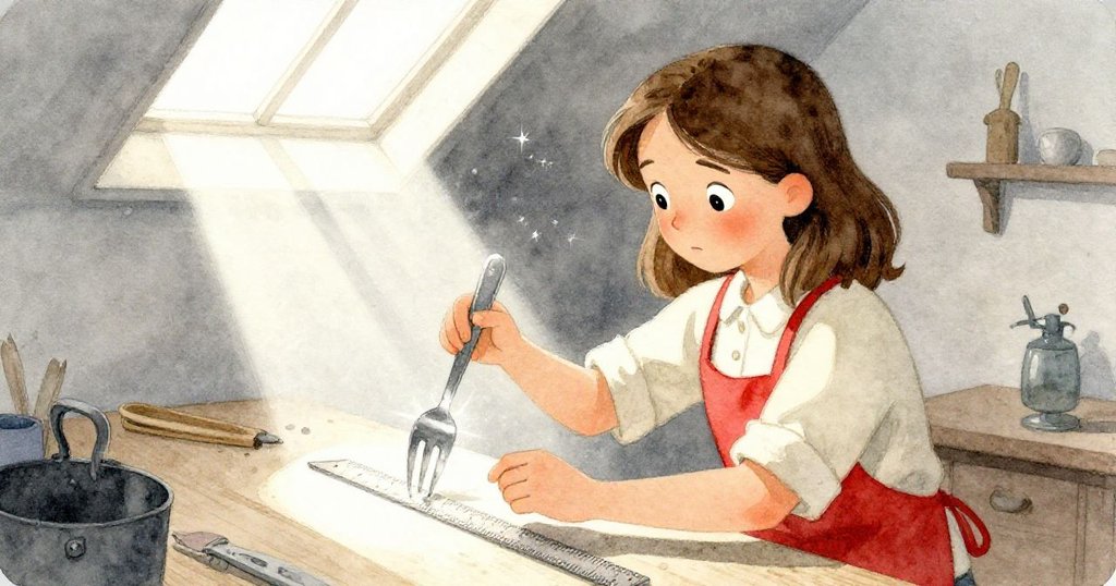 工作室內光影變幻中，Wren 小心調整金屬叉的位置，光芒在尺子上閃爍，展現故事發展中充滿神秘與專注的場景。