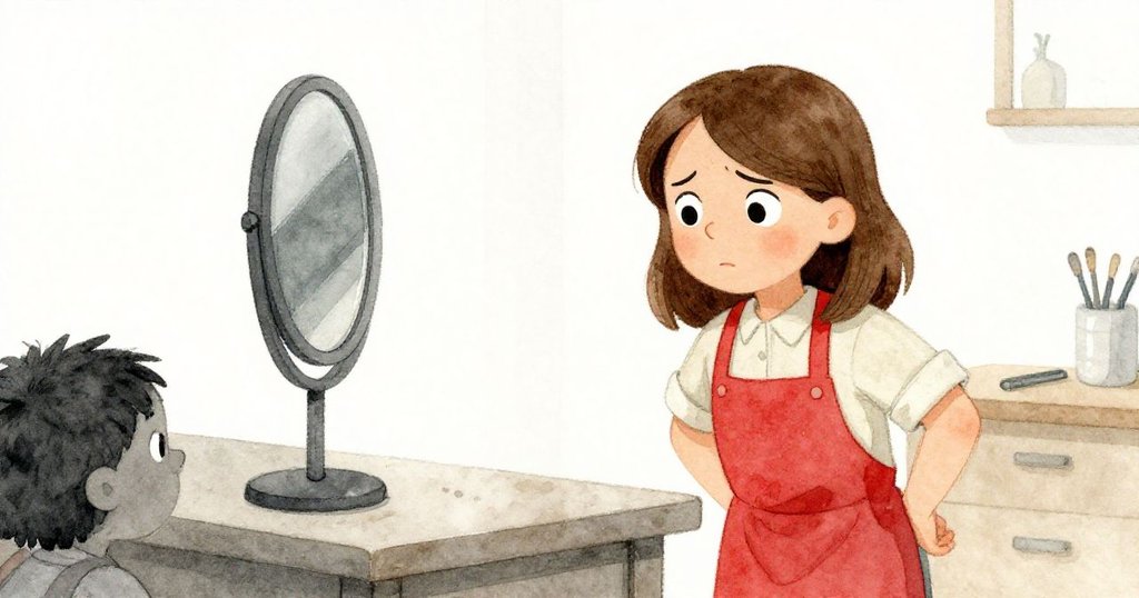 Wren 面臨兩種選擇，凝神注視著鏡子與桌子的對比，表情充滿掙扎與決定性，展現劇情轉折的重要瞬間。