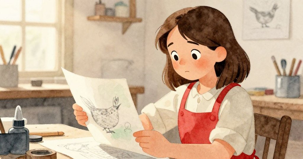 夕陽餘暉映照下，Wren 靜心檢視描繪莓果與數字的舊草圖，臉上流露出滿足與新希望，故事迎來溫馨結局。