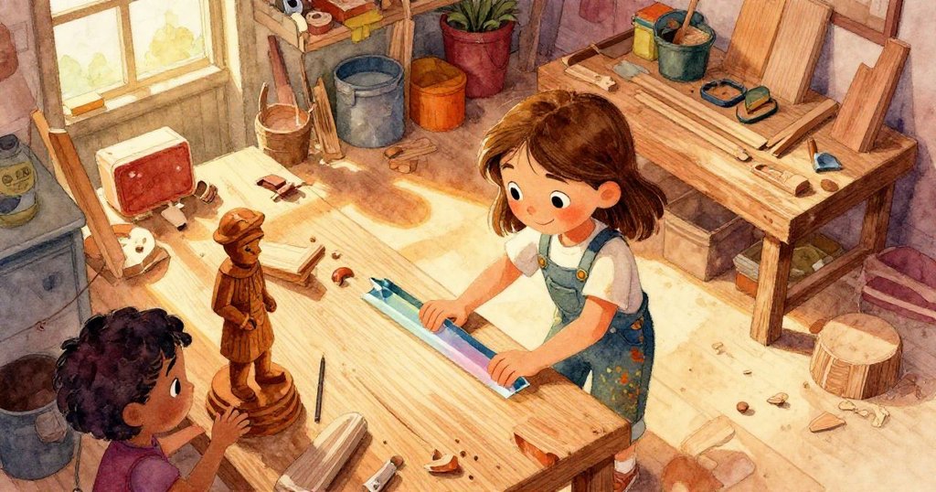 莎拉在傍晚光線下從高處俯瞰工作台操作棱鏡，工作台上散落木屑和雕像展現忙碌木作場景，動作流暢且充滿活力。