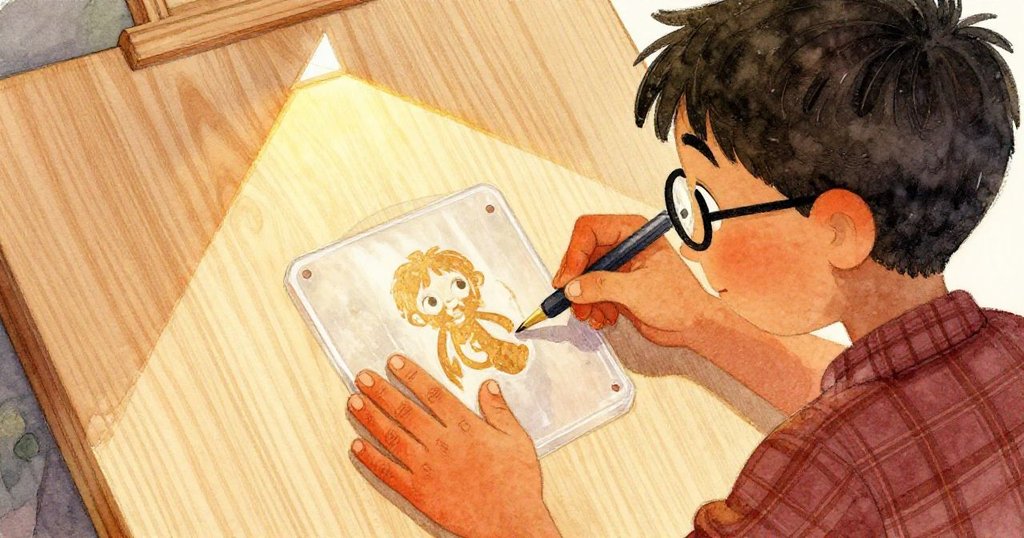 多利安在近拍中調整透明模板，手部與木板紋理細膩互動，再現棱鏡射出的暖色光芒，專注而充滿細節。