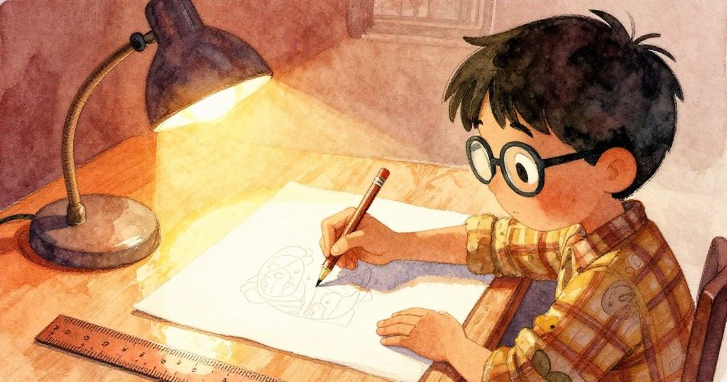 多利安在工作台上調整模板，其手影映在有光澤的尺面上，燈光與陽光交織出意外驚喜，細節豐富。